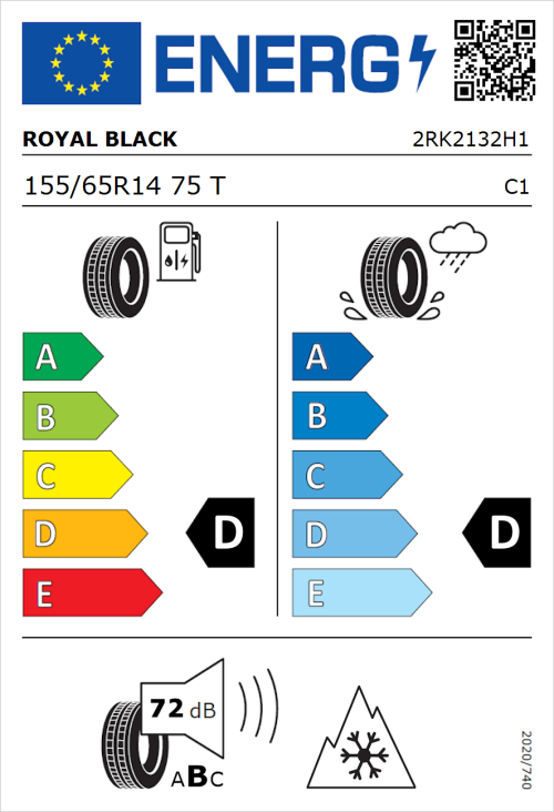 Tyre Label for Royal Black Winter HP 155/65R14 75T