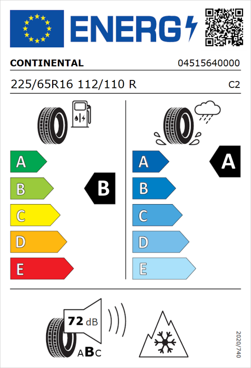 Tyre Label for Continental ContiVanContact 200 225/65R16 112/110R