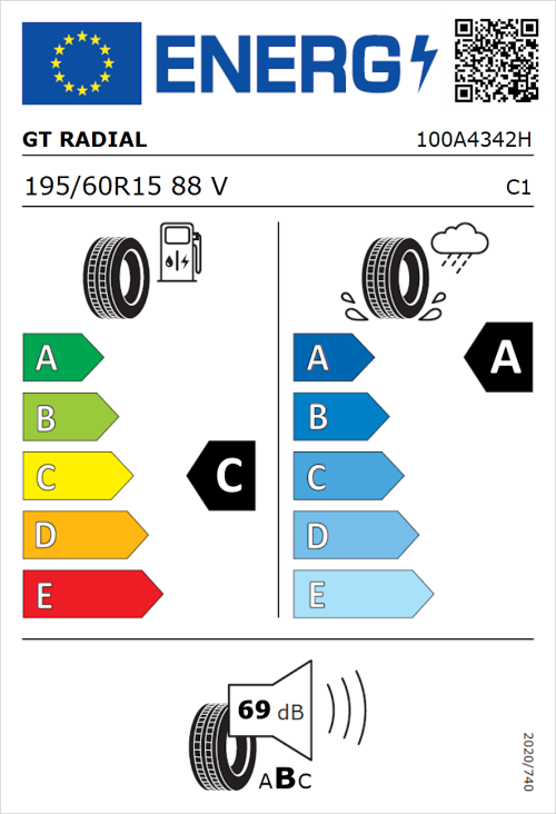 Tyre Label for GT Radial FE2 195/60R15 88V