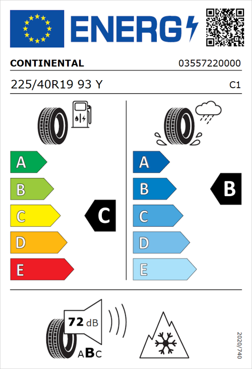 Tyre Label for Continental AllSeasonContact 225/40R19 93Y