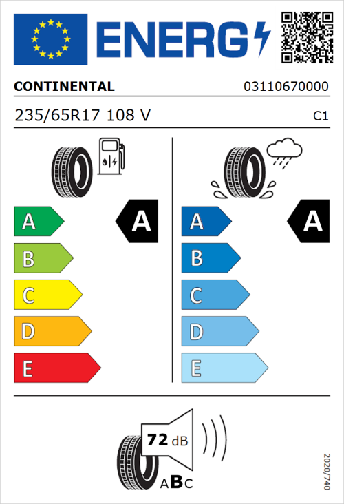 Tyre Label for Continental EcoContact 6 235/65R17 108V