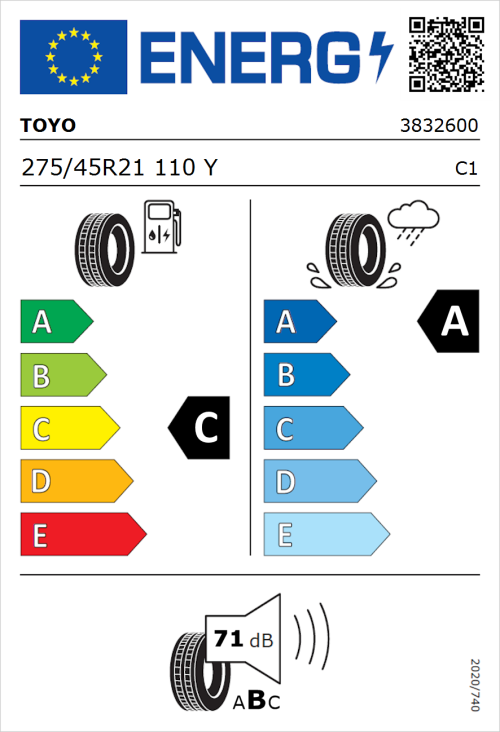 Tyre Label for Toyo Proxes Sport 2 275/45R21 110Y