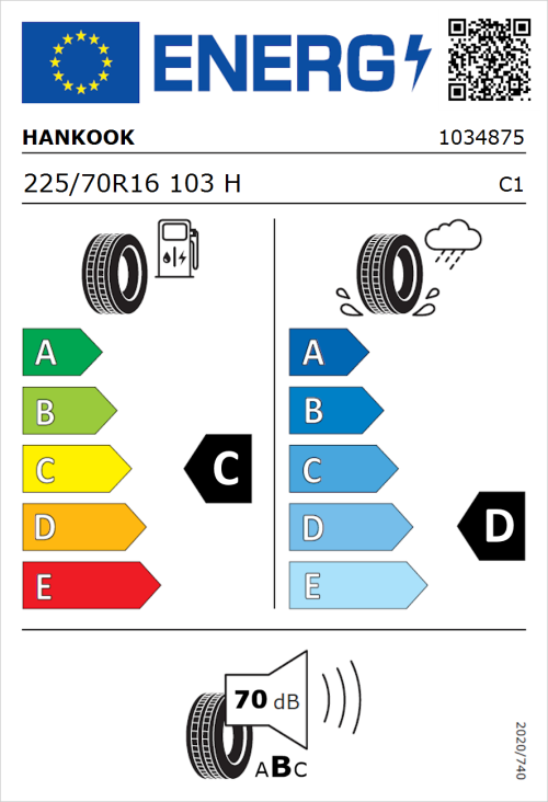Tyre Label for Hankook Dynapro HPX 225/70R16 103H