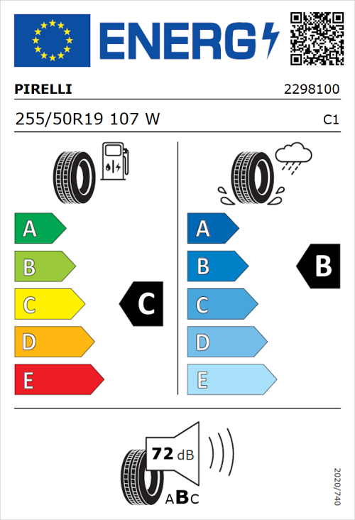Tyre Label for Pirelli Scorpion Verde RFT 255/50R19 107W
